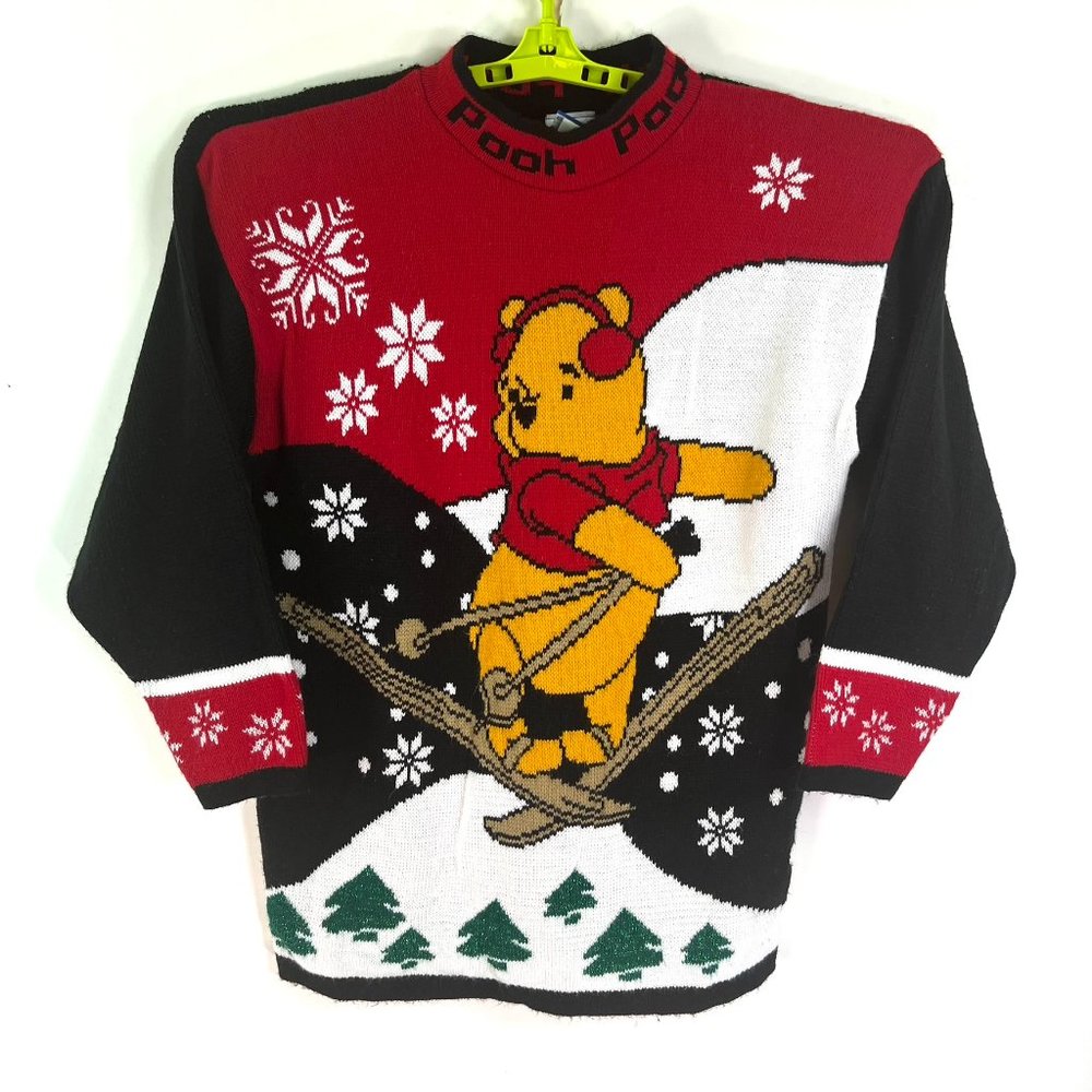 Vintage Winnie The Pooh Knit Ski Christmas Sweater Womens SZ M Red Long Sleeve